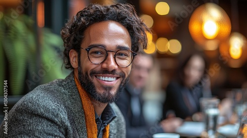 A Smiling Man Wearing Glasses Is Posed In Front Of Others photo