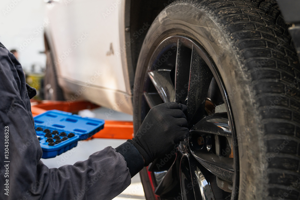 custom made wallpaper toronto digitalServiceman checks car suspension on a column lift in car service.