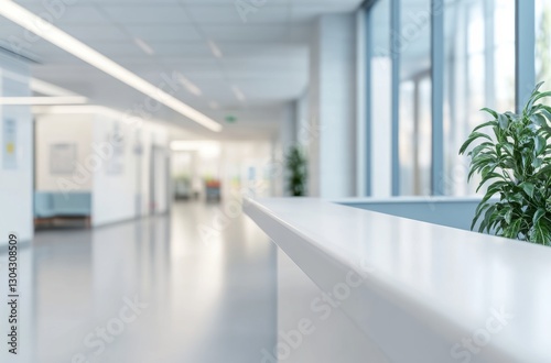 Modern office reception area with lush greenery indoor space minimalist design bright environment wide angle view photo