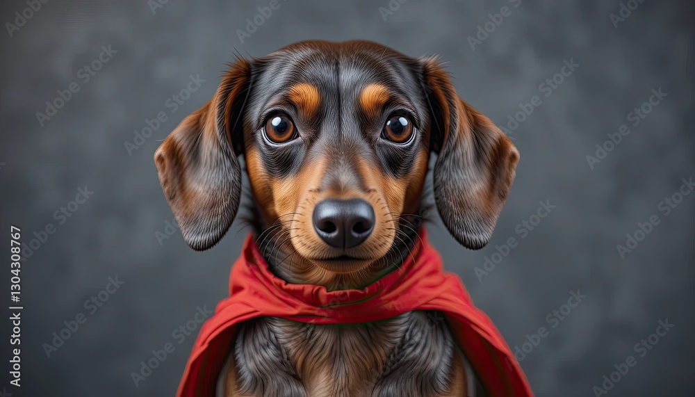 A dachshund with a miniature superhero cape on A dachshund with a miniature superhero cape on