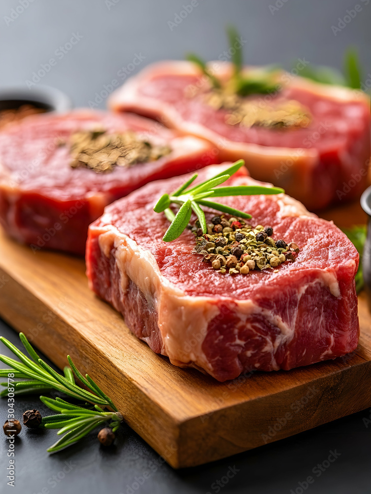 Seasoned steaks on wooden board, dark background Seasoned steaks on wooden board, dark background