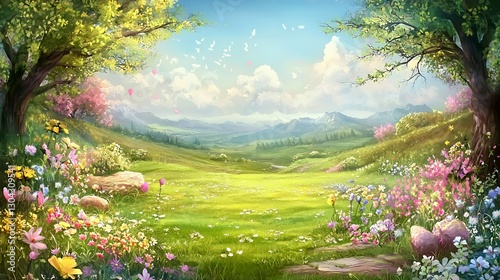 Vibrant Spring Meadow Landscape with Blooming Flowers and Rolling Hills