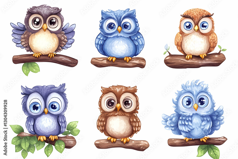 Fototapeta premium Six Cute Cartoon Owls Perched on Branches