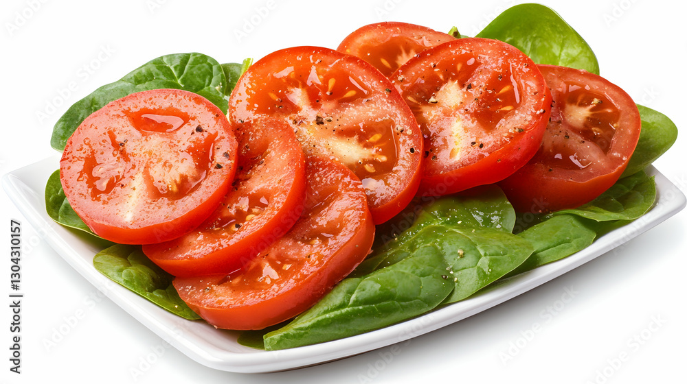 Sliced tomatoes and spinach salad on white plate Sliced tomatoes and spinach salad on white plate