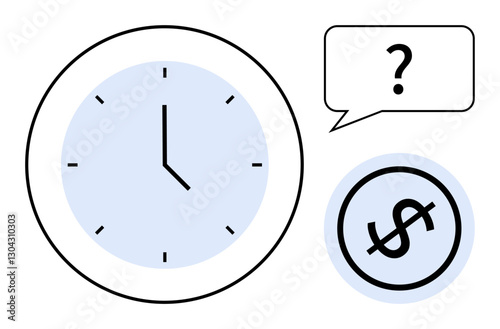 Clock showing time, speech bubble with question mark, and crossed-out dollar sign. Ideal for finance, time management, decision-making, productivity, deadlines budget and cost analysis. Flat simple