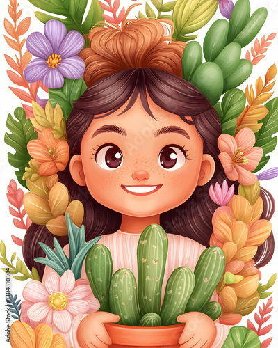 Smiling girl holding potted cactus amidst vibrant flowers photo