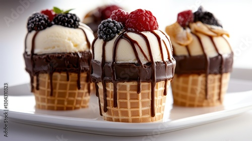 Three beautifully presented ice cream desserts in waffle cones topped with fresh berries and drizzled with chocolate sauce, perfect for summer indulgence and sweet cravings.