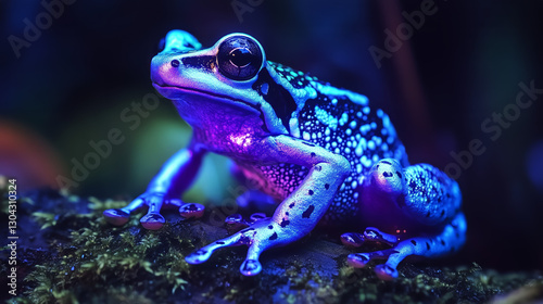 A surreal image of a bioluminescent frog glowing in neon blue and purple tones, set in a futuristic jungle environment.  