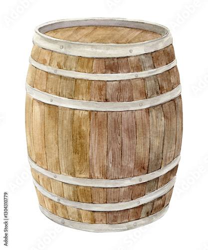 Wooden oak barrel for storing fermented drinks, wine or beer. Watercolor brown Oktoberfest keg. Rustic clipart, retro design.
