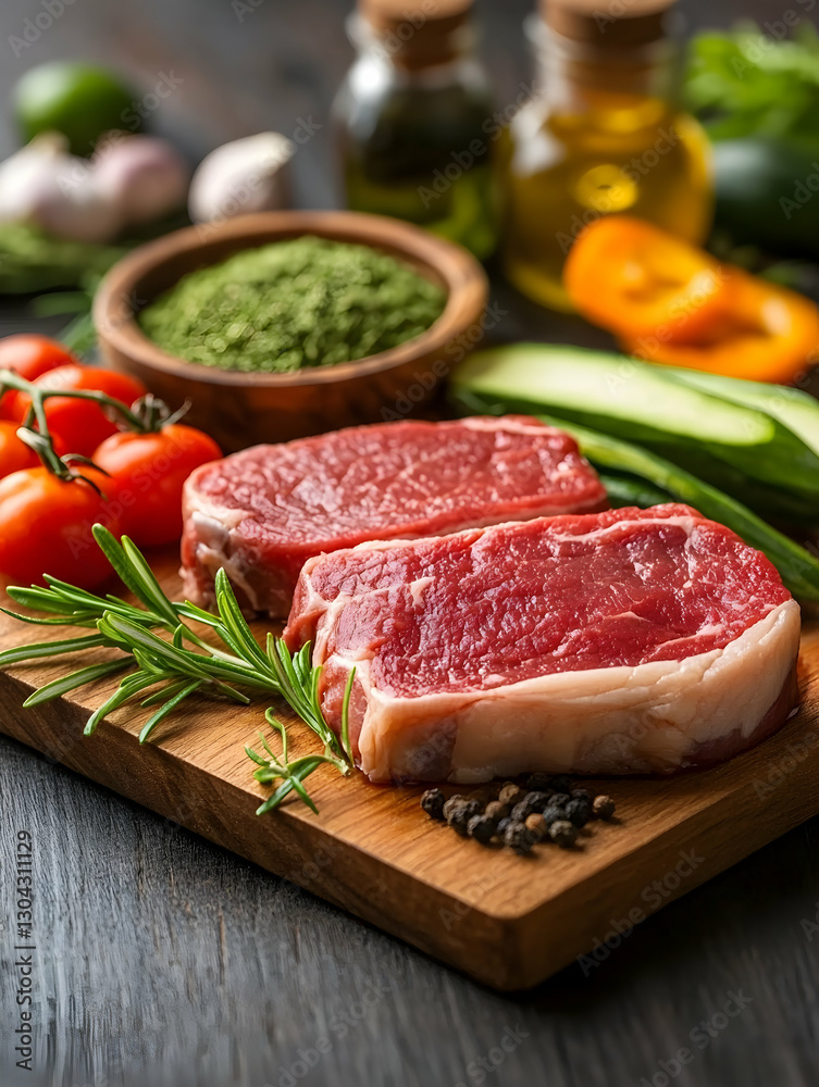 Steak, vegetables, and spices on wooden board Steak, vegetables, and spices on wooden board