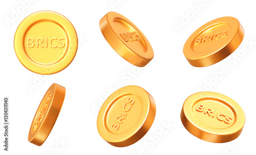 3d set of golden BRICS coins with different angles. Stock vector illustration on isolated background.
