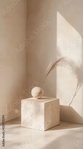 Minimalist Aesthetic  A curated still life composition featuring a stone sphere and feather delicately arranged on a textured pedestal  with dramatic shadows.