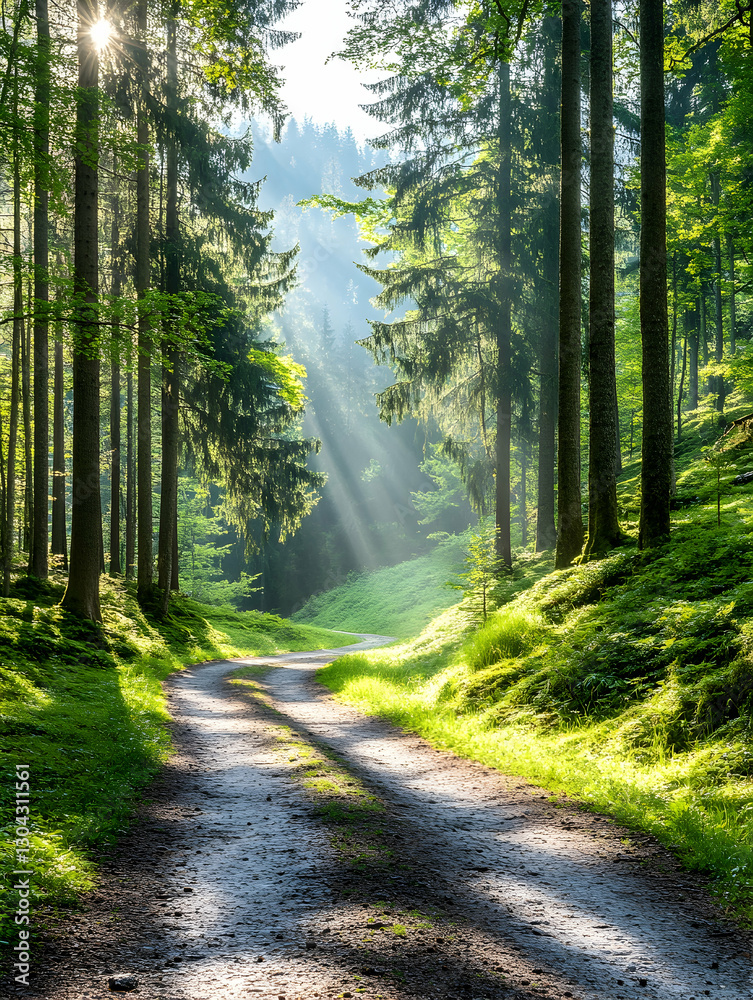 Obraz premium Sunbeams illuminate forest path, green hills