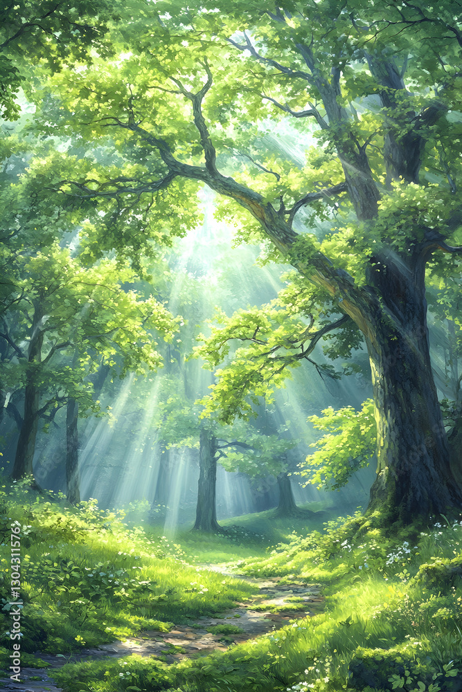 Obraz premium Sunbeams Illuminate Lush Forest Path