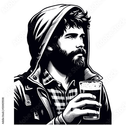 Stylish Man in a Hoodie Holds a Pint of Dark Beer