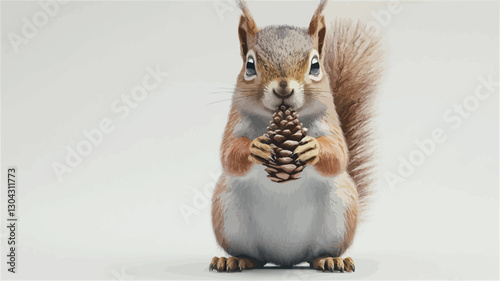 A close-up studio shot of a red squirrel against a plain white background. The squirrel is positioned facing the camera, holding a pinecone in its paws.  The image is sharply focused,