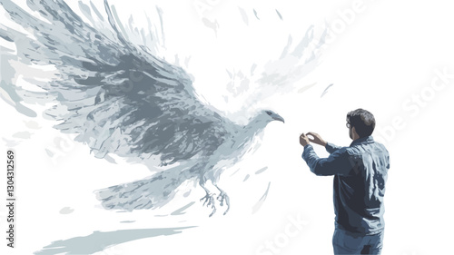 The image presents a stylized illustration or digital painting. A man, depicted from the knees up, stands facing a large, sketched bird with expansive wings. The bird is rendered in shades