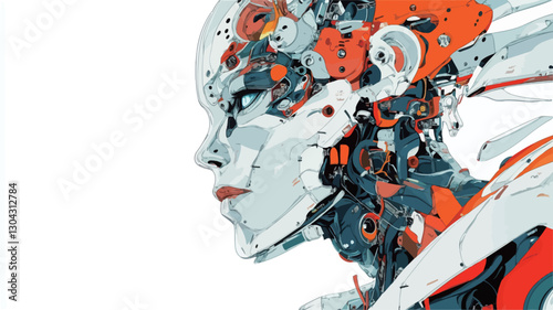 A digital illustration depicting the profile of a cyborg woman. The style is abstract and highly detailed, with visible mechanical components integrated into her anatomy.  The color palette