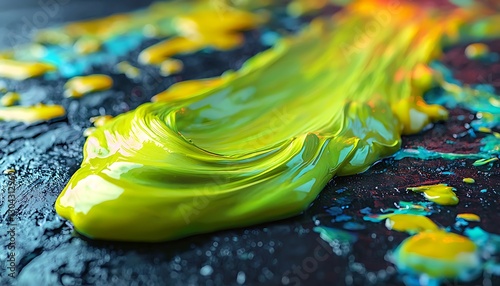 Vibrant green paint stroke on dark art palette