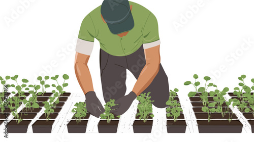 The image shows a stylized illustration of a person kneeling and tending to small plants growing in rectangular black trays arranged in rows. The gardener is wearing a green short-sleeved