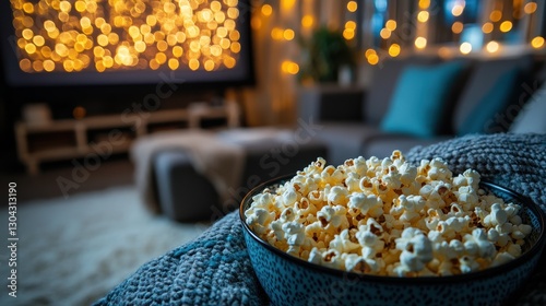 In a haven of warmth and comfort, a flickering movie screen cast a spellbinding glow upon a cozy couch, while a bowl of buttery popcorn tantalized the taste buds, creating an idyllic scene of