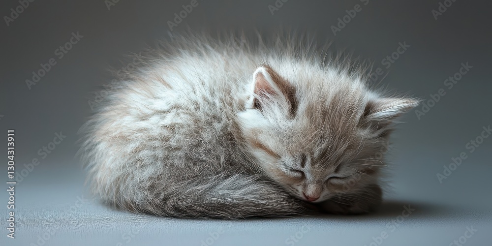 Fototapeta premium Newborn kitten with tiny and gentle idea. Fluffy kitten curled up and sleeping peacefully.