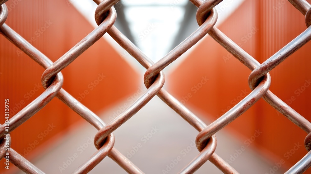 This image captures a chain link fence framing an abstract view down a pathway, emphasizing the contrasting elements of structure, colors, and depth in the scene. This image captures a chain link fence framing an abstract view down a pathway, emphasizing the contrasting elements of structure, colors, and depth in the scene.