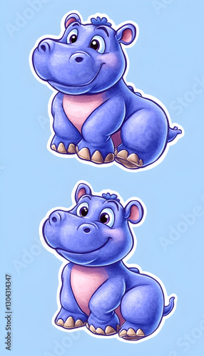 Two Cute Cartoon Hippos Sitting, Digital Illustration photo