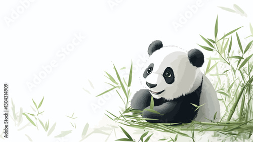 A digital illustration depicting a panda bear nestled amongst green bamboo shoots. The panda is rendered in black and white, with a stylized, slightly cartoonish appearance.  The background