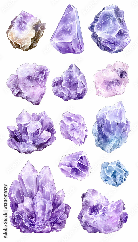 Watercolor Amethyst Crystal Cluster Collection on White Watercolor Amethyst Crystal Cluster Collection on White