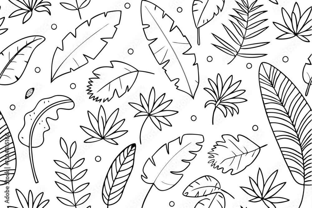 Fototapeta premium Vector black and white graphic tropical palm leaves seamless pattern with jungle plants and monster Isolated vector illustration