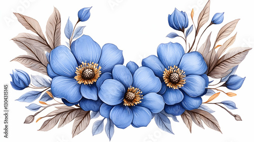 Watercolor Blue Floral Arrangement on White Background