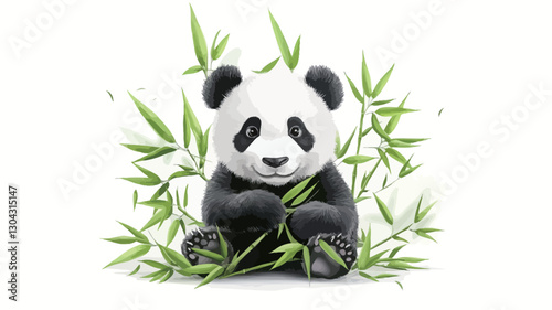 Digital illustration of a young panda bear sitting amidst vibrant green bamboo shoots. The panda is depicted in a cartoonish, slightly stylized manner with smooth, soft fur texture. The