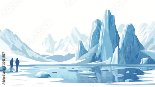 A stylized illustration depicting a minimalistic landscape of icy mountains and a frozen body of water.  The color palette is primarily shades of blue and white.  Three small, dark figures