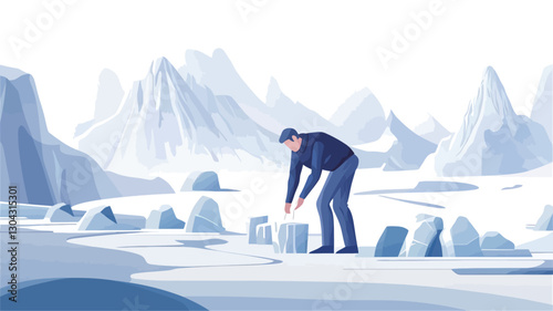 A stylized vector illustration depicting a man in a dark jacket bending down to examine or collect an ice sample. The background features a mountainous glacial landscape with broken ice