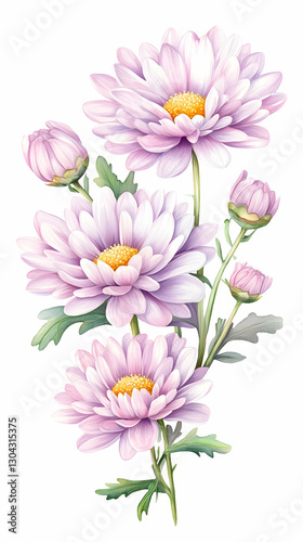Watercolor Lavender Chrysanthemum Bouquet on White