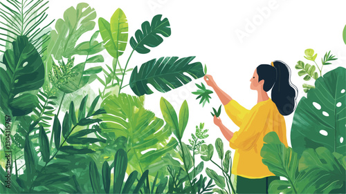 A digital illustration depicting a woman with dark hair, wearing a yellow shirt, standing in profile view amidst a dense array of large, vibrant green tropical leaves. The style is