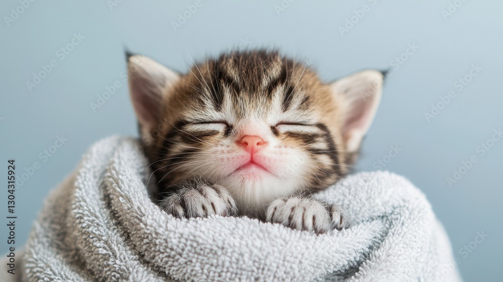 Naklejka premium Newborn kitten with tiny and gentle idea. Cute kitten wrapped in a towel, peacefully sleeping.