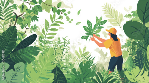 An illustration depicting a person, wearing a yellow shirt and cap, standing amidst dense, vibrant green foliage. The person is shown gently harvesting or collecting leaves from the