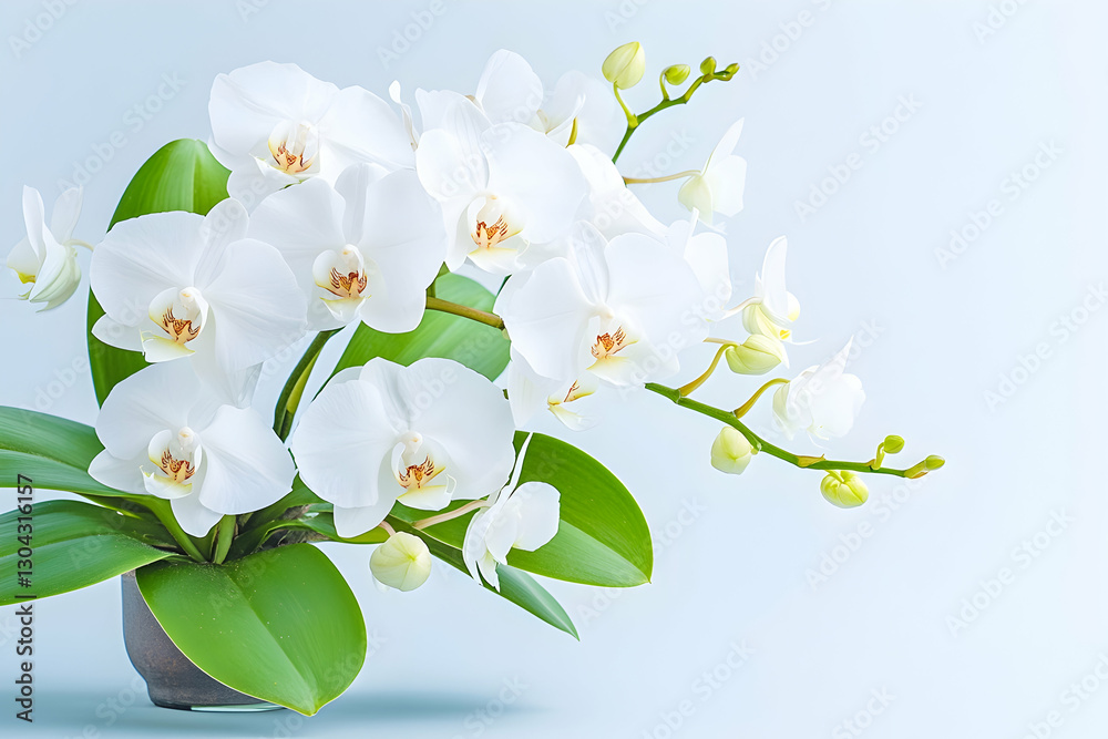 Obraz premium White Phalaenopsis Orchids Blooming in Pot on Blue Background