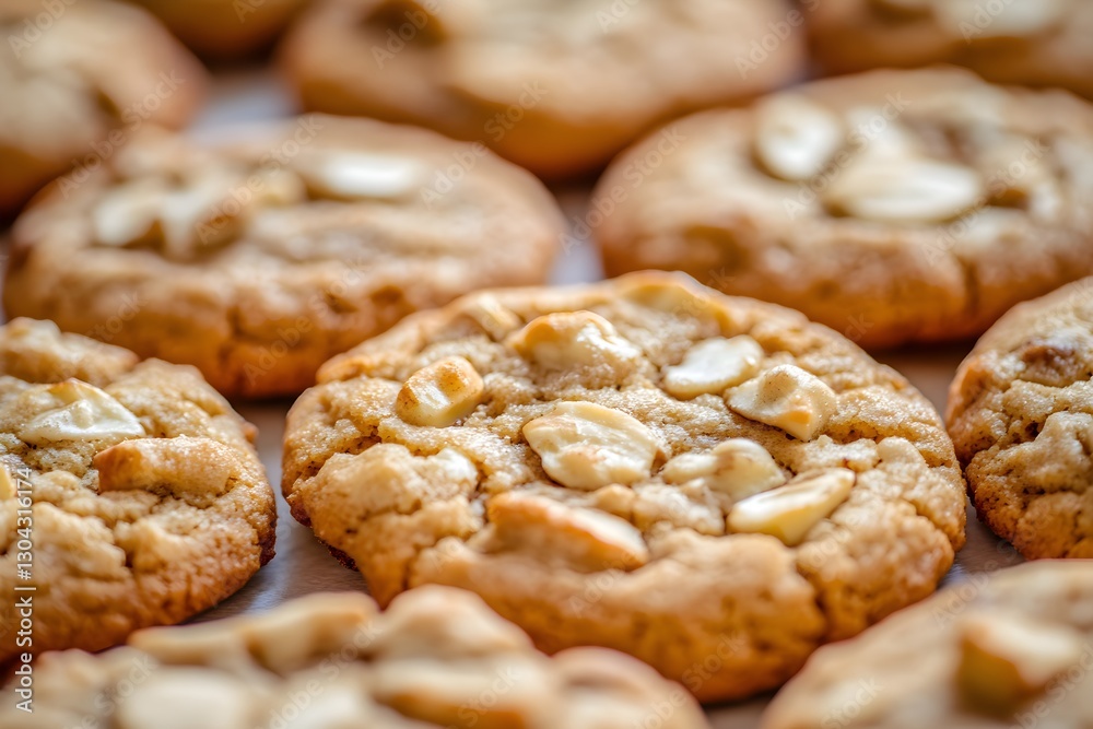 Zoomed-in View of Homemade Oatmeal Cookies with Nuts, Golden Brown and Chewy Zoomed-in View of Homemade Oatmeal Cookies with Nuts, Golden Brown and Chewy