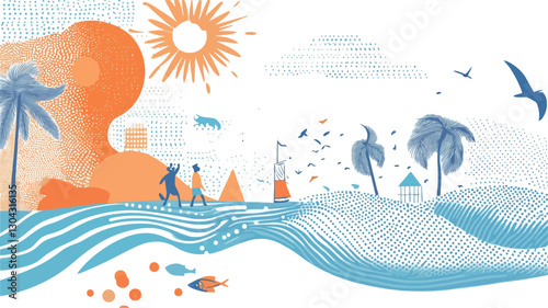 Stylized illustration depicting a coastal scene at sunset. The color palette is primarily blue and orange.  Two figures are depicted walking along a beach toward a stylized lighthouse. Palm