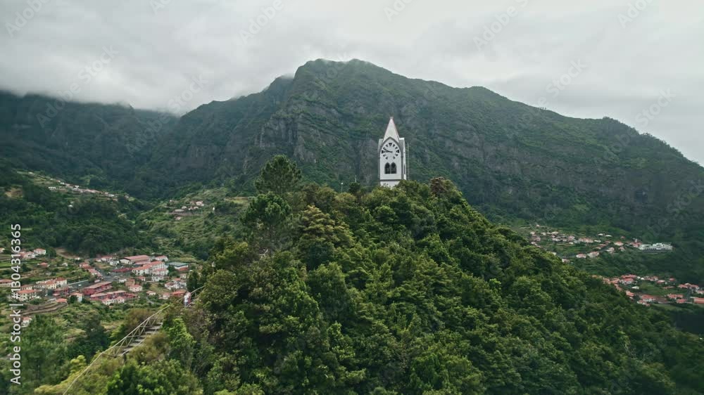 Nossa Senhora de Fatima, Madeira, scenic church on top of a hill, aerial, droneshot Nossa Senhora de Fatima, Madeira, scenic church on top of a hill, aerial, droneshot