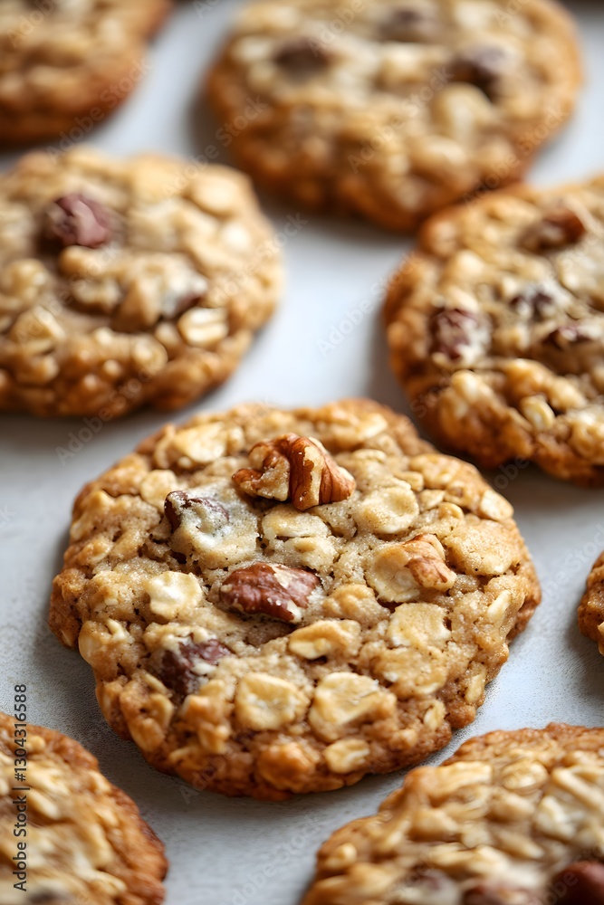 Close-up of homemade oatmeal cookies with nuts, golden brown and chewy Close-up of homemade oatmeal cookies with nuts, golden brown and chewy