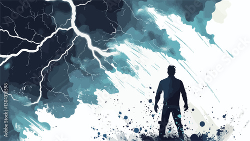 The image is a digital painting or illustration. It depicts a dark silhouette of a man standing in profile view, facing away from the viewer.  He is positioned in the foreground against a