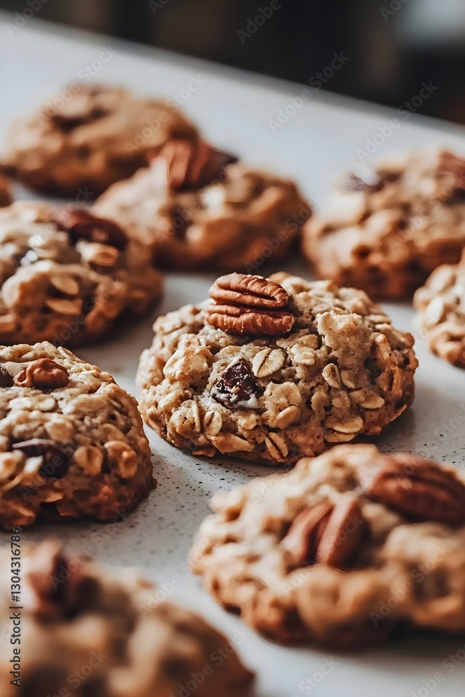 Close-up of homemade oatmeal cookies with nuts, golden brown and chewy Close-up of homemade oatmeal cookies with nuts, golden brown and chewy