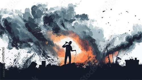The image is a digital painting or illustration depicting a silhouetted male figure standing atop a building against a backdrop of a city engulfed in flames and thick, dark smoke. The style