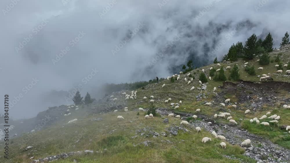 Drone orbit around flock herd of sheep in alpine meadow in Theth, Albania, winding trail through the valley as clouds settle Drone orbit around flock herd of sheep in alpine meadow in Theth, Albania, winding trail through the valley as clouds settle