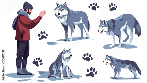 A digital illustration featuring a set of five stylized wolves in various poses and a man interacting with them. The wolves are depicted in shades of gray, with variations in fur texture