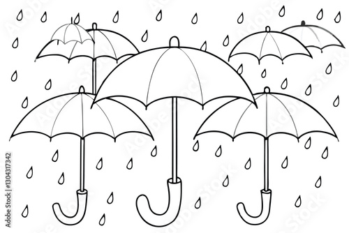 Rain vector silhouette. Cute umbrella with falling rain drops in doodle style. Kids colored flat vector illustration